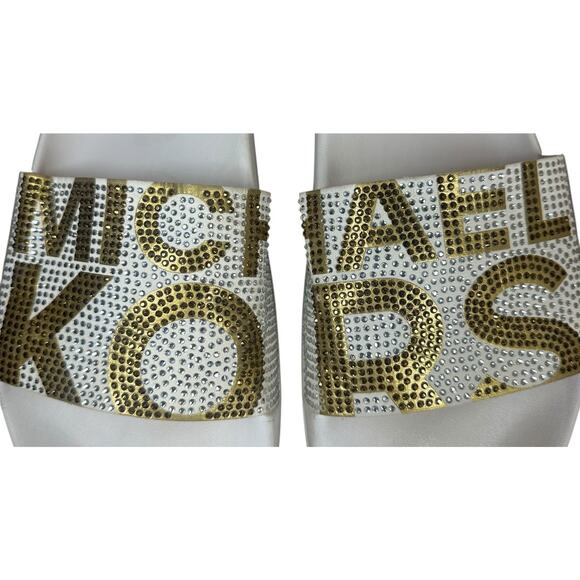 MICHAEL KORS Womens White And Gold Rhinestone Gilmore Slip On Sandals Slides 8M - Picture 2 of 10